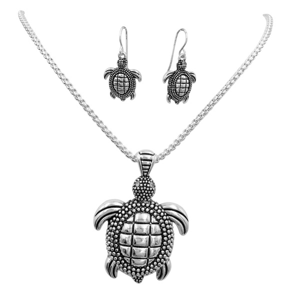 Sea Turtle Silver Pendant Necklace Earrings Set - Picture 1 of 3